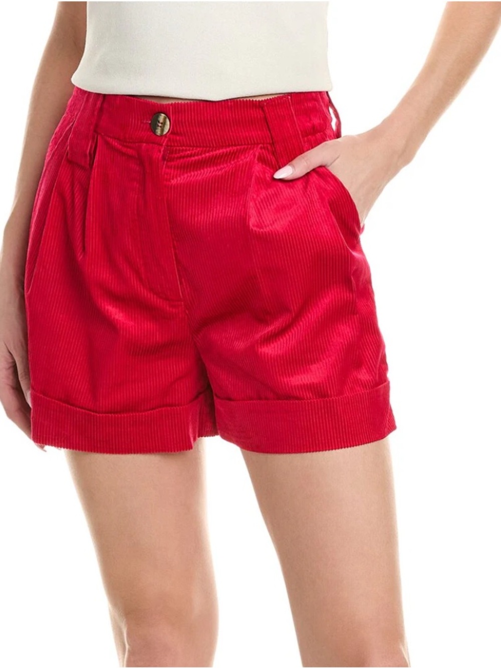Ganni Corduroy Shorts Womens 42 Love Potion Red High Waist Pleated Cuffed F7817